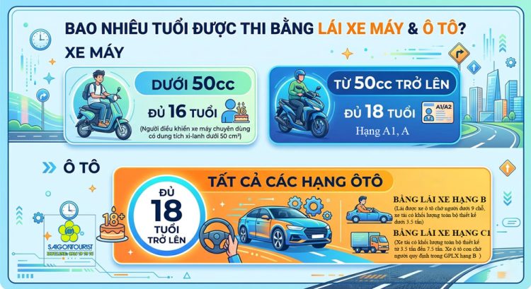 bao nhiêu tuổi thi được bằng lái xe máy, bằng ô tô